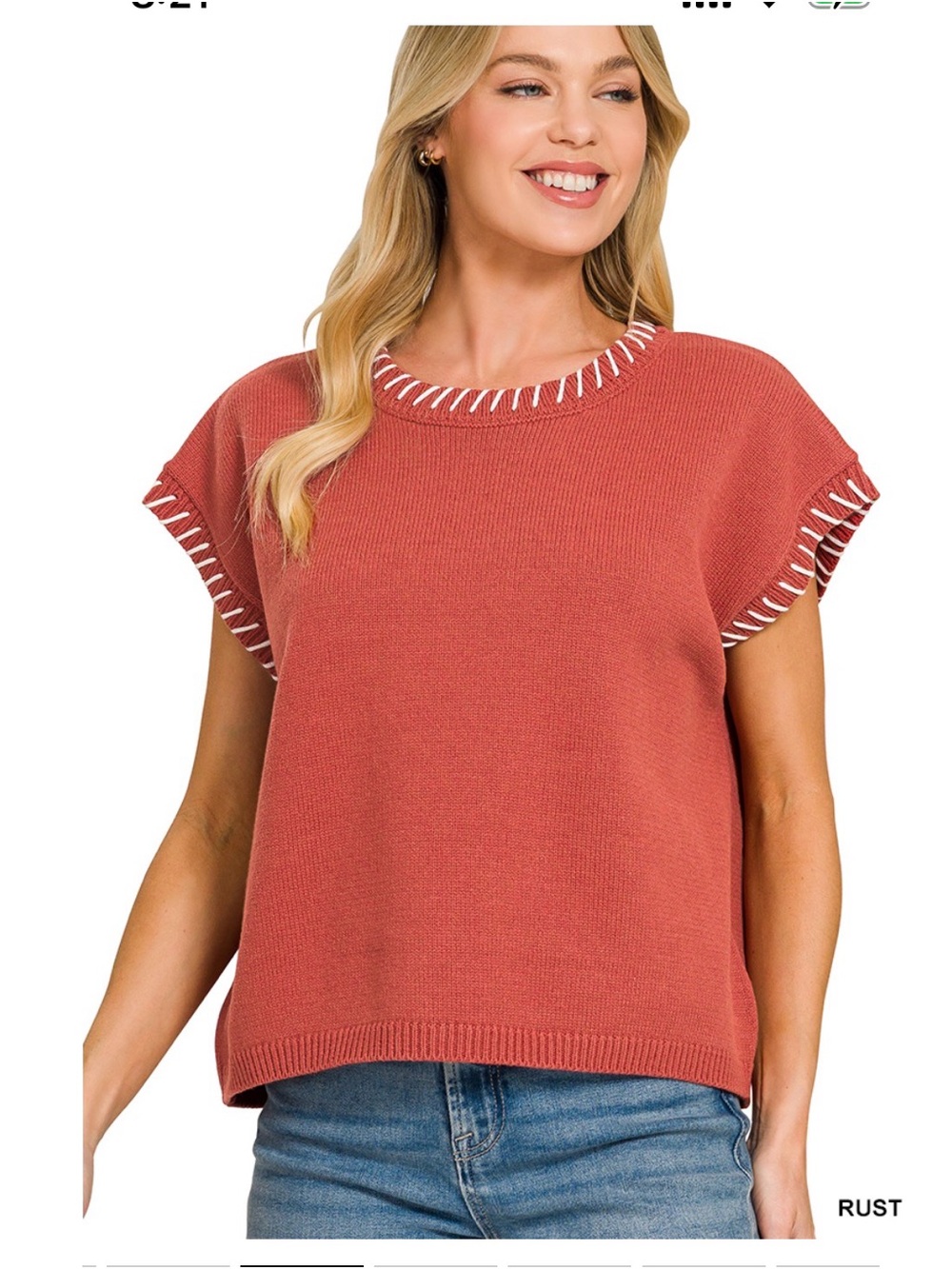 Rust Knit Short Sleeve Sweater with Contrast Stitching